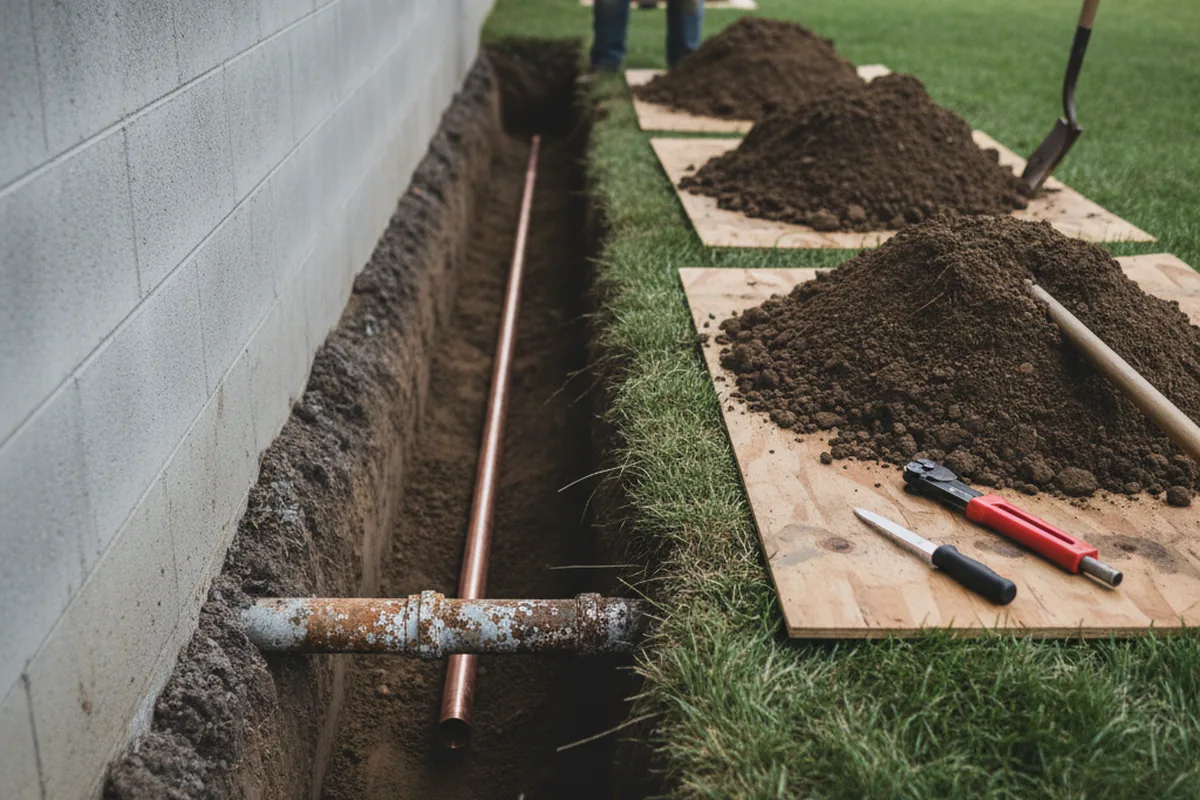 Excavated water line trench during Water Softener Installation in Edgar